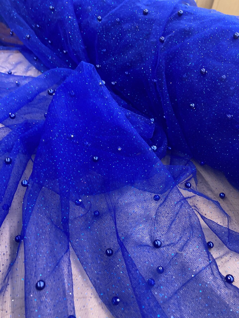 1 Yard Glitter Mesh Fabric with Scattered Pearls 2-Way Stretch 60" Wide Soft Tulle for Gowns, Veils & Couture Projects